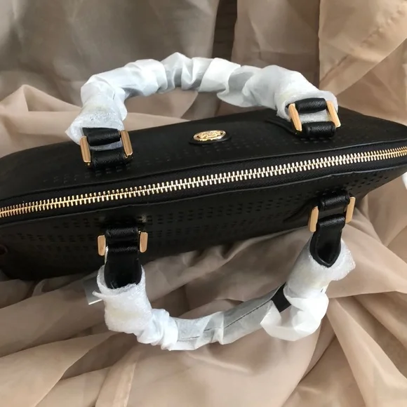 New Tory Burch Robinson perforated satchel bag black purse white $550 - Picture 4 of 6